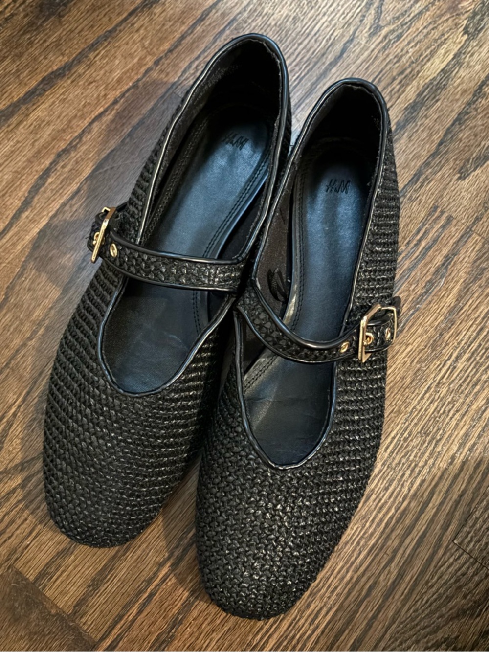 H&M Black Woven Mary Jane Flats with Gold Buckle- sleek look